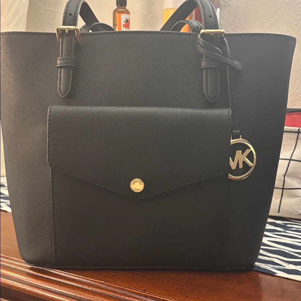 Michael Kors Black Saffiano Leather Tote with Front Pocket and MK Charm